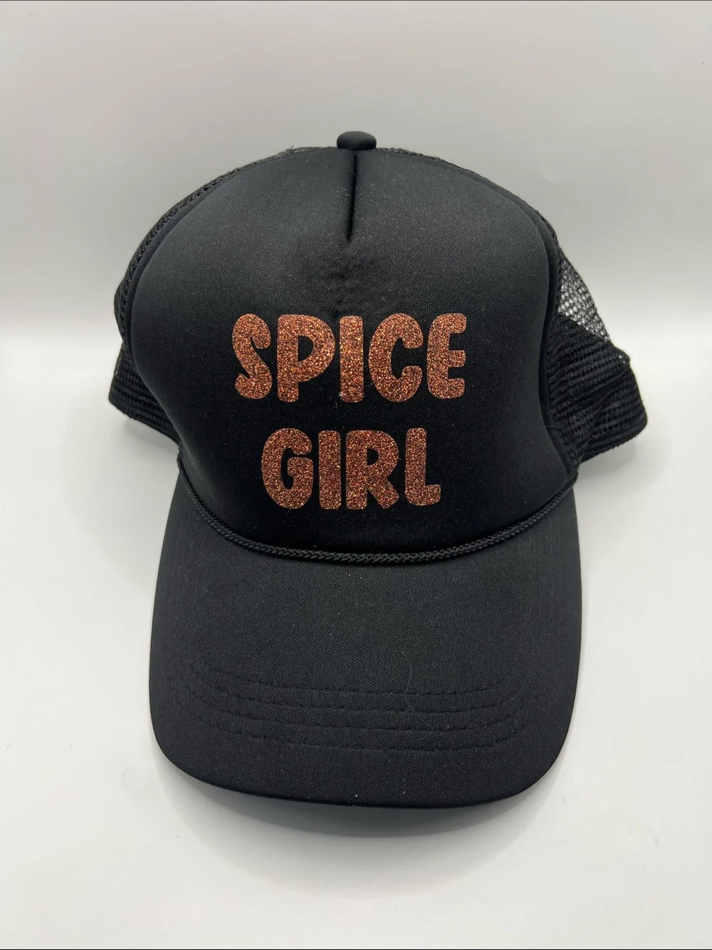 Black 'SPICE GIRL' Trucker Hat with Copper Glitter Letters